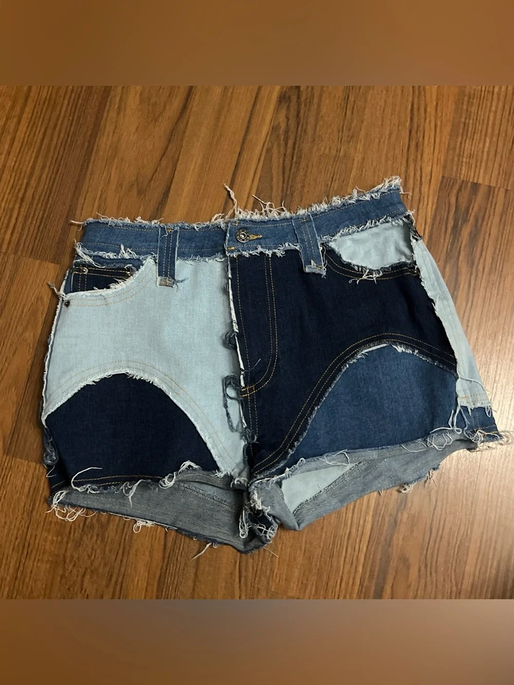 Two-Tone Distressed Denim Shorts